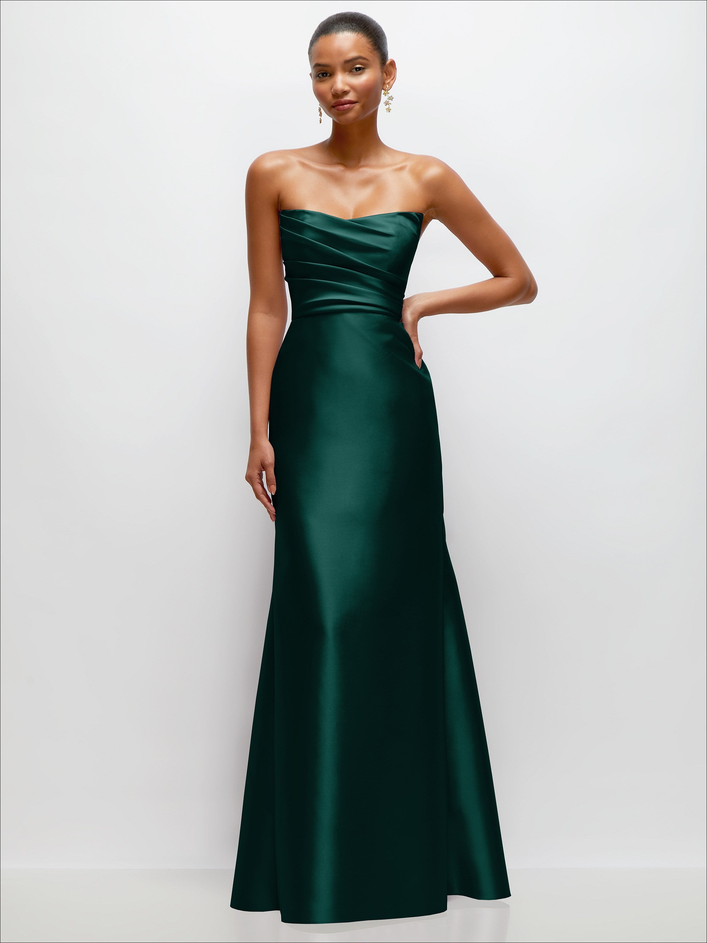 Strapless Cat-Eye Draped Bodice Satin Tumpet Dress