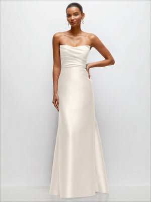 Ivory satin strapless dress with draped bodice and trumpet skirt