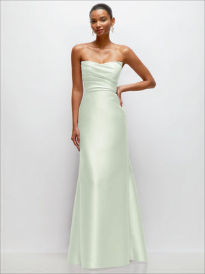 Pastel mint green strapless satin gown with draped bodice and trumpet skirt, front view.