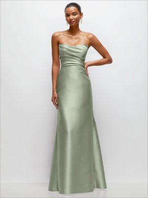 Sage green strapless satin gown with draped bodice and trumpet skirt, front view.