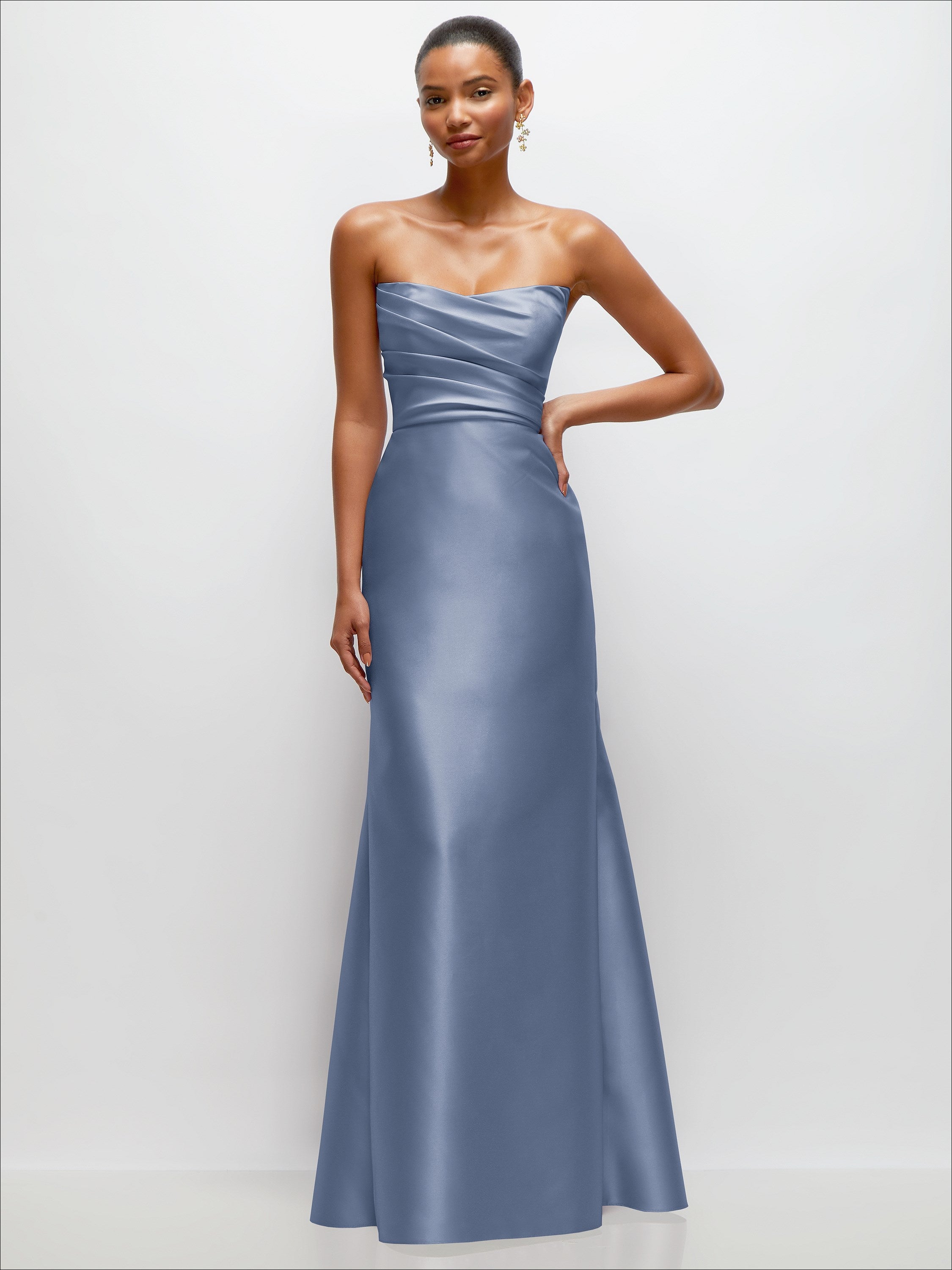 Strapless Cat-Eye Draped Bodice Satin Tumpet Dress