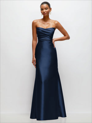 Strapless satin trumpet dress in dark navy with draped bodice and wide flared hem.