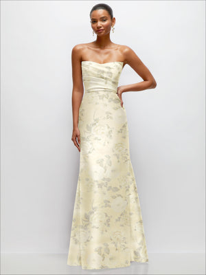 Strapless floral satin trumpet dress with draped bodice in light ivory