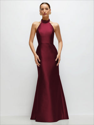 Satin trumpet dress with high halter neckline and open back, deep burgundy