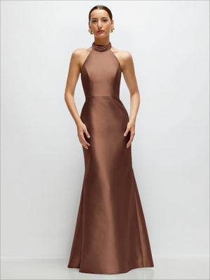 Satin trumpet halter dress with high neck and open-back, dark brown satin, sleeveless
