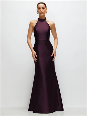 Satin trumpet halter dress with high neck and open-back, deep plum color, sleeveless