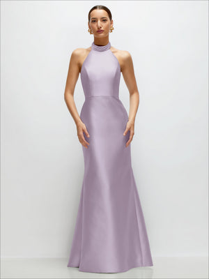Lilac satin halter trumpet dress with high neckline and open back