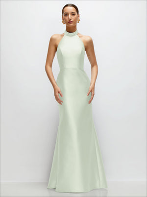 Mint green satin trumpet dress with high halter neckline and open back