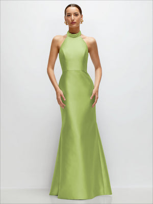 Light green satin trumpet dress with high halter neckline and open back