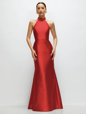 High-neck halter satin trumpet dress, sleeveless, deep red with fitted waist and flared skirt
