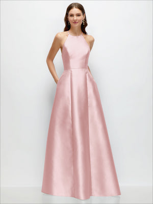 Jewel-neck halter satin maxi dress in pale pink, smooth satin sheen and A-line flare