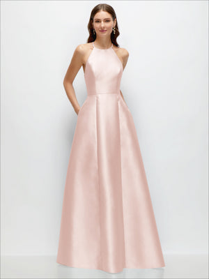 Jewel-neck halter satin maxi dress in blush pink, fitted bodice and full A-line skirt