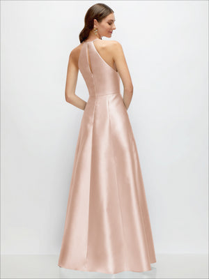 Back view blush satin A-line maxi dress with halter neckline and open back tie