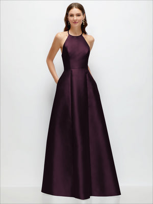 Plum satin halter maxi dress with fitted bodice and full A-line skirt
