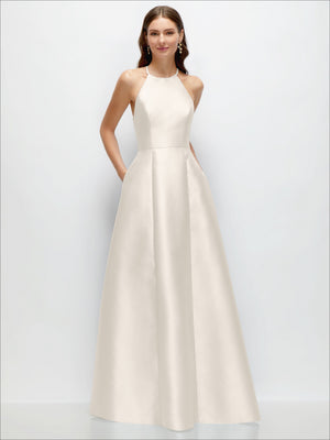 Ivory satin A-line maxi dress with halter neckline, fitted bodice, full skirt