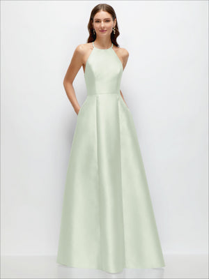Mint green satin halter maxi dress with jewel neckline and full A-line skirt