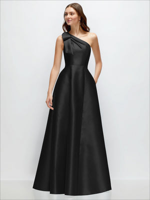 Black one-shoulder satin A-line maxi dress with draped bow detail at neckline