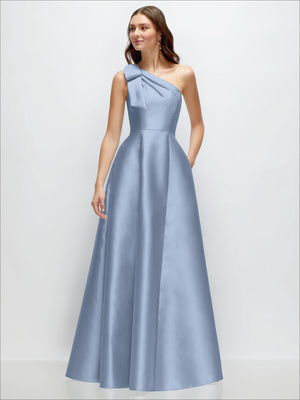 Powder blue satin one-shoulder maxi dress with bow detail and flowing A-line skirt
