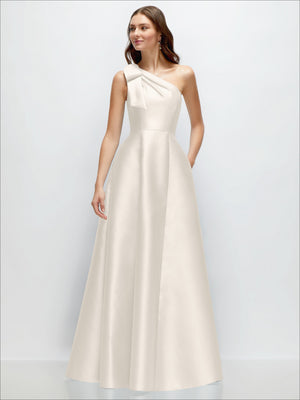 Ivory one-shoulder satin A-line maxi dress with draped bow at shoulder