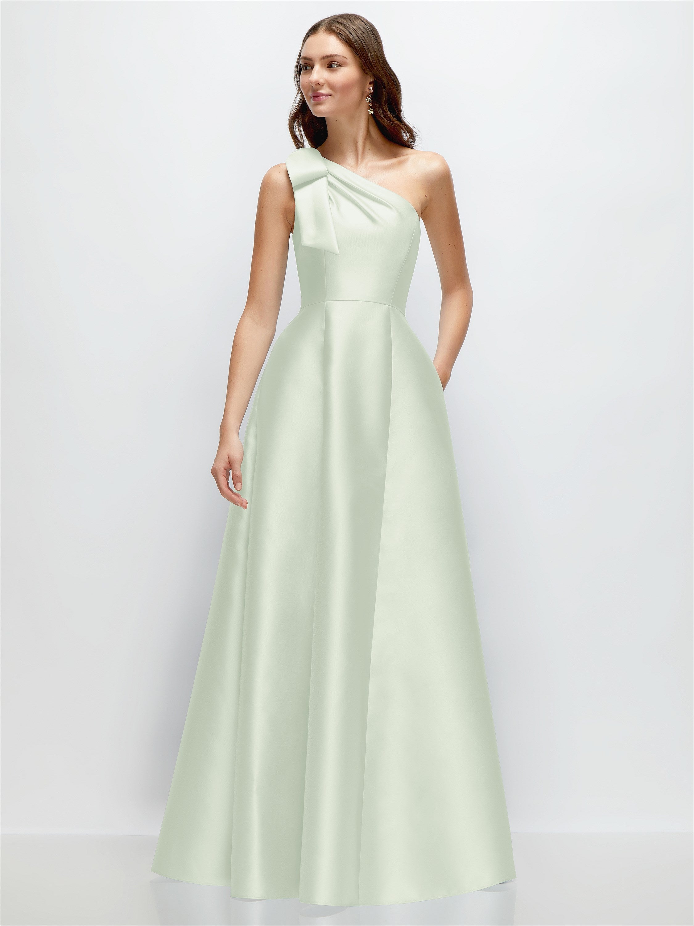 sage green one shoulder bow detail midi dress One-Shoulder Full A-Line Satin Maxi color-group:alessia-dress