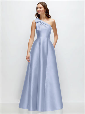 Powder blue satin one-shoulder maxi dress with bow detail and full A-line skirt