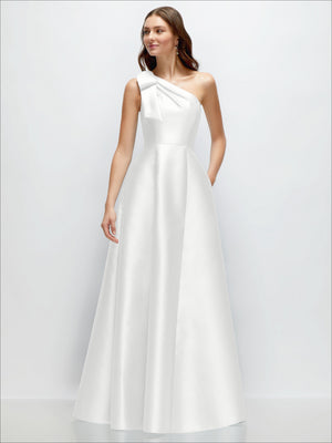 Ivory one-shoulder satin maxi dress with asymmetrical neckline and bow strap