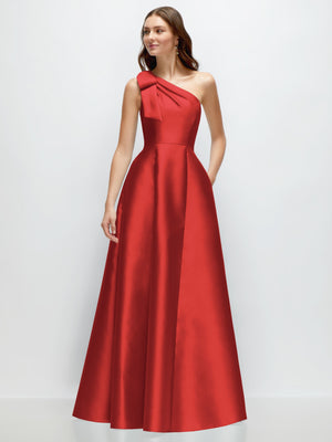 Red satin one-shoulder maxi dress with bow shoulder and full A-line skirt