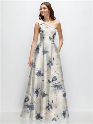 One-shoulder satin maxi dress in light cream with blue floral print and bow detail
