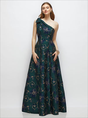 One-shoulder bow-front metallic floral jacquard maxi dress in deep evergreen