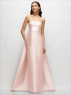 Blush pink strapless satin column dress with sweetheart neckline and floor-length back train