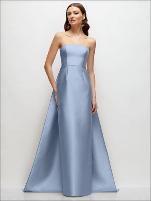 Light blue satin strapless column dress with straight skirt and watteau train