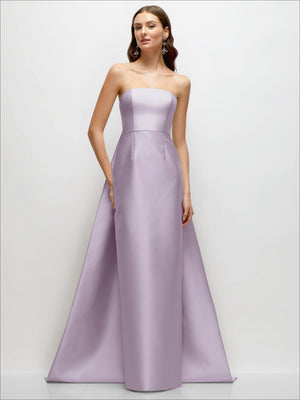 Lilac strapless satin column dress with straight neckline and long back train