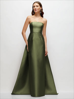 Strapless satin column dress in olive green, with removable Watteau train