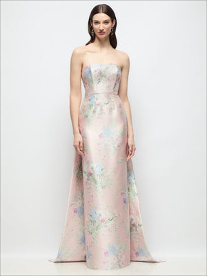 Strapless floral satin column dress with removable watteau train, pastel pink and blue