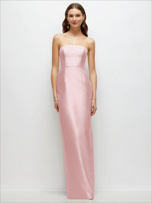 Blush pink strapless satin column dress with smooth bodice and back slit
