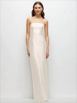 White strapless satin column dress with straight neckline and fitted bodice