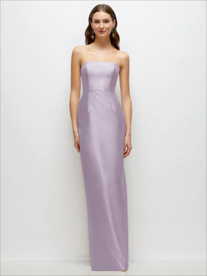 Lilac strapless satin column dress with fitted bust and long hem