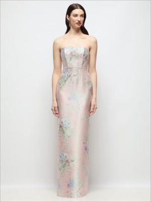 Strapless floral satin column dress with sweetheart bodice