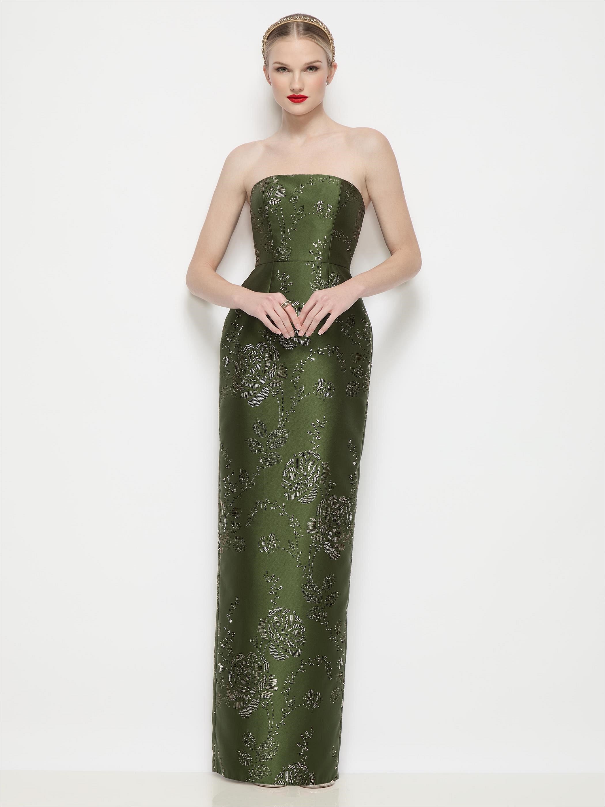 olive gold dress Full length strapless Embossed Gilt Floral Satin Twill column wi dramatic wedding gown