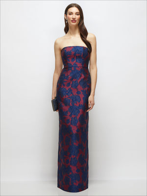 Strapless column dress in burgundy and navy floral jacquard with back slit