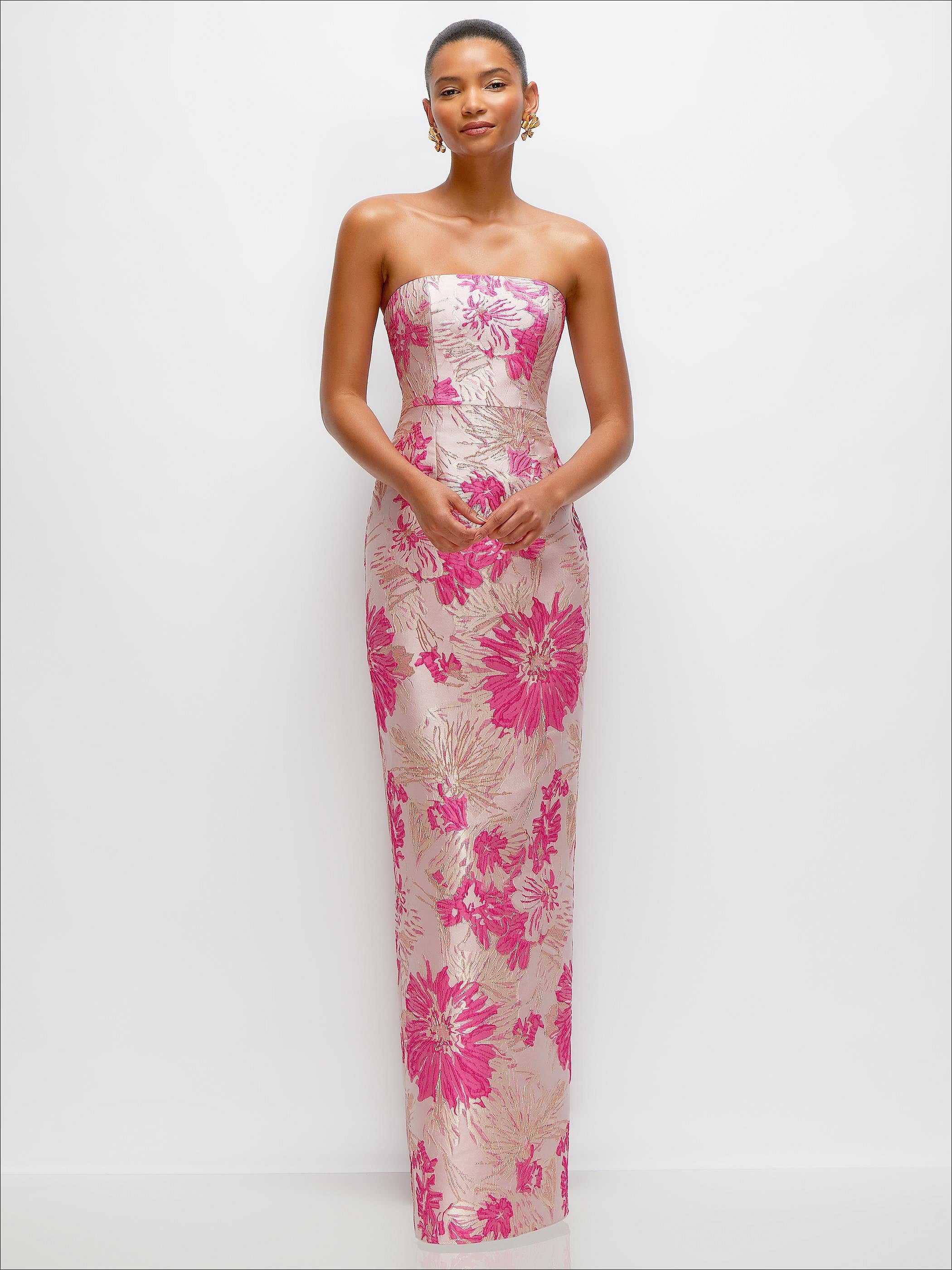 Hibiscus Pink Strapless Floral Jacquard Column Dress with Back Slit