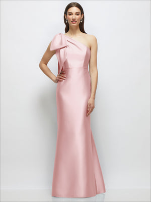 Blush one-shoulder satin maxi dress with bow detail at shoulder and straight trumpet skirt