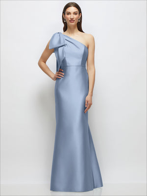 Light blue one-shoulder satin maxi dress with bow and trumpet silhouette