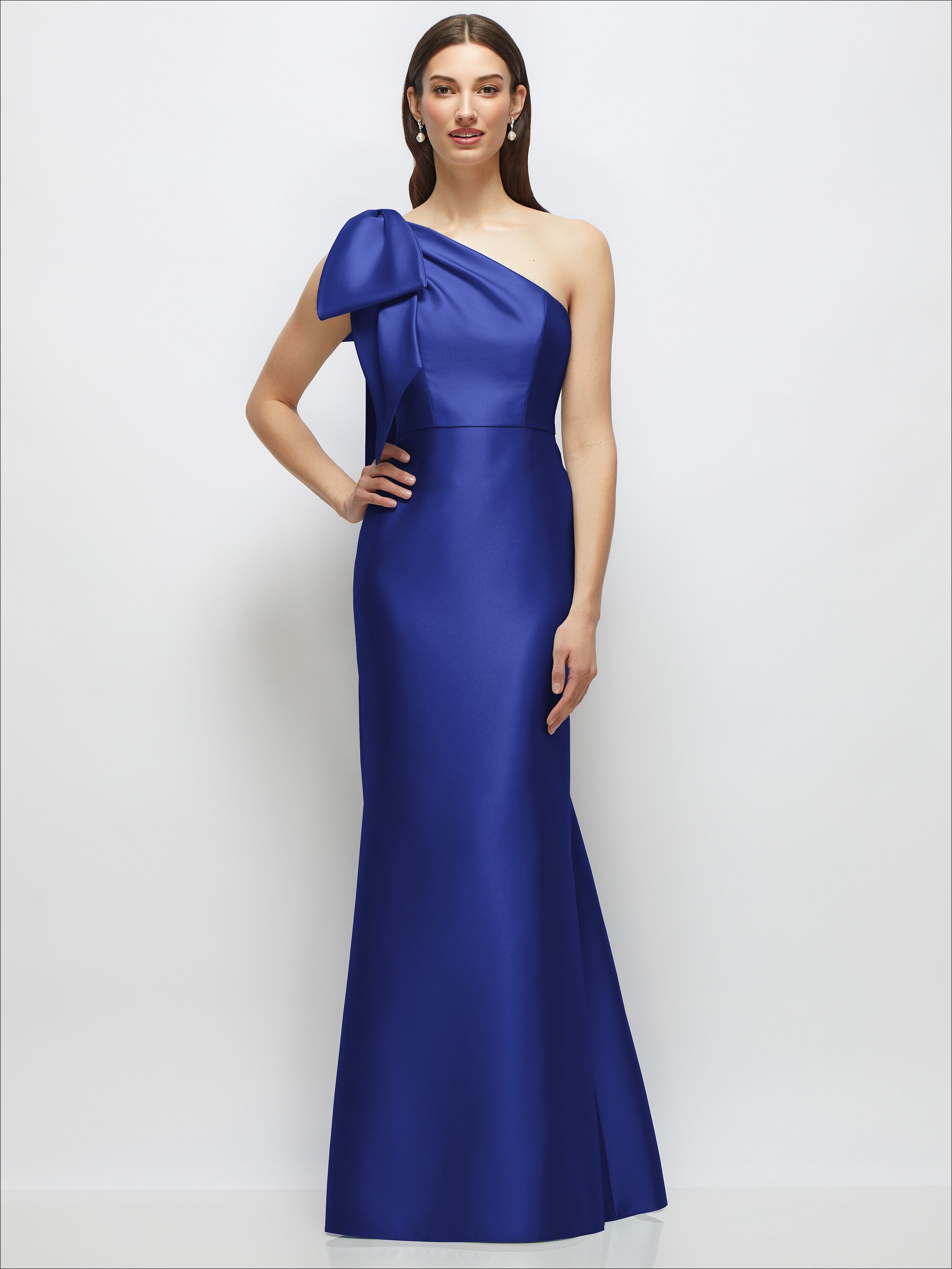 Bow One-Shoulder Satin Maxi Dress with Trumpet Skirt