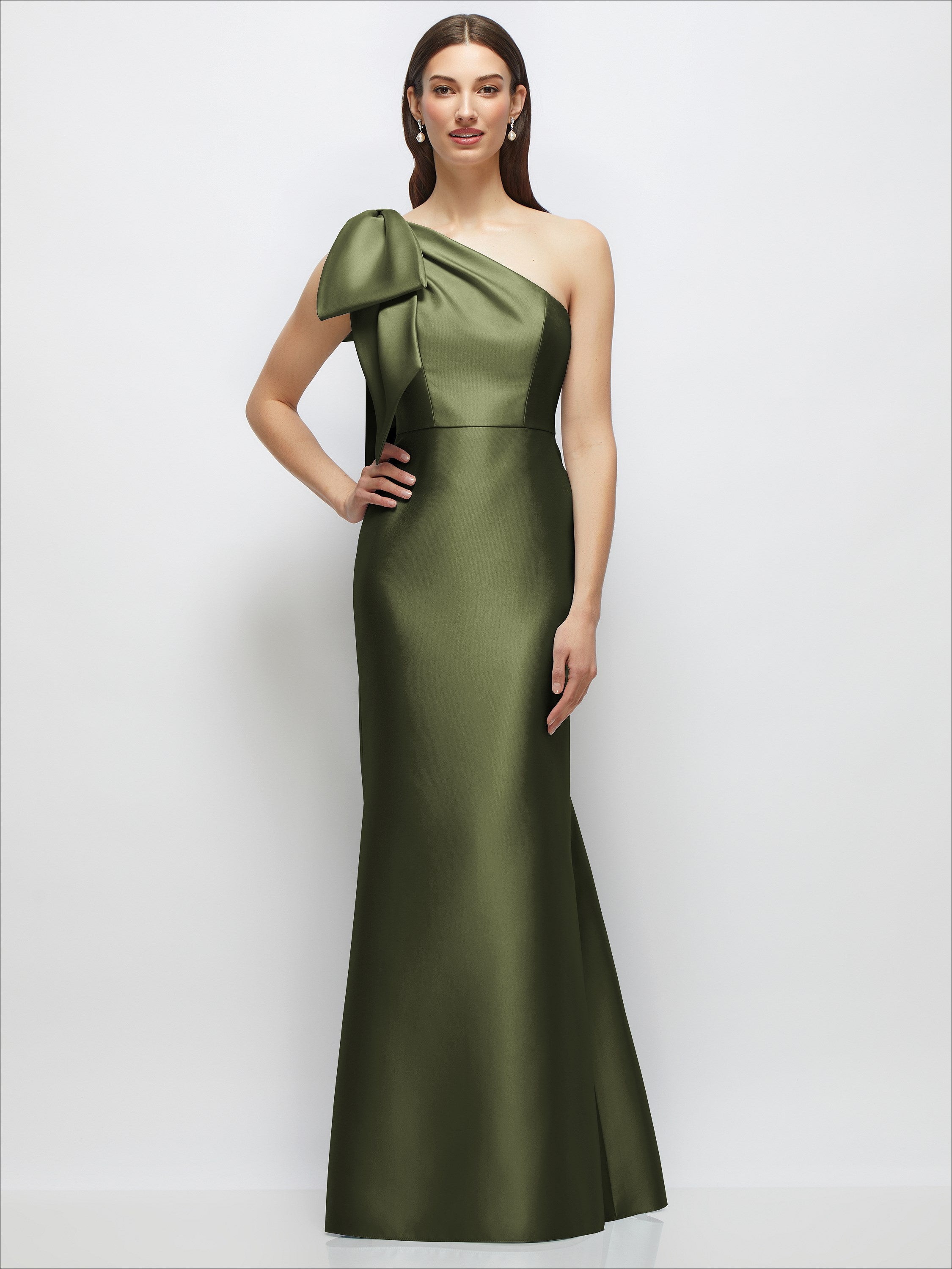 Bow One-Shoulder Satin Maxi Dress with Trumpet Skirt