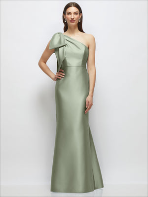 Sage green satin one-shoulder maxi dress with draped bow detail and trumpet silhouette