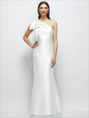 Ivory one-shoulder satin maxi dress with bow drape and tapered trumpet skirt