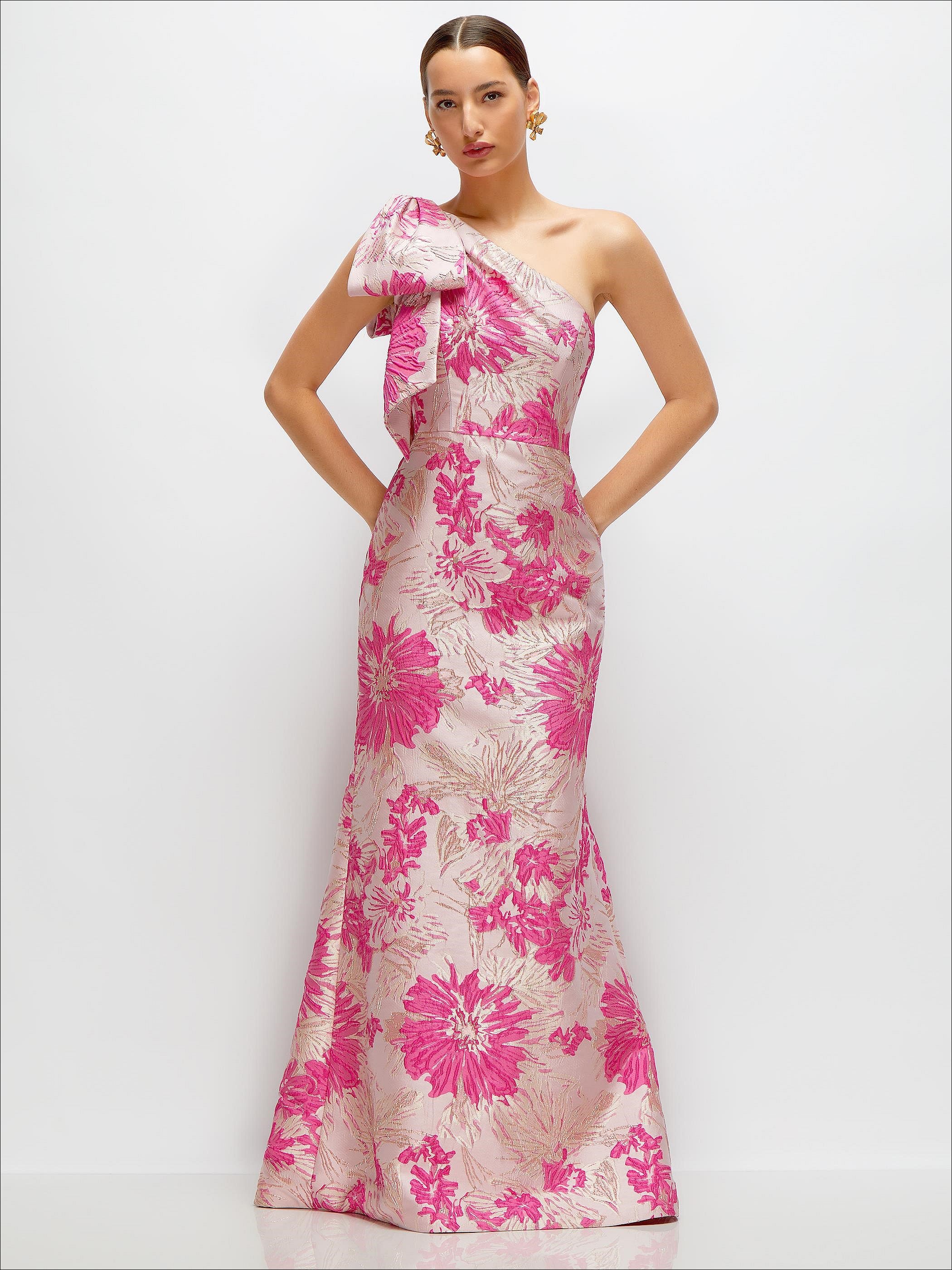 Hibiscus Pink Bow One-Shoulder Floral Jacquard Maxi Dress with Trumpet