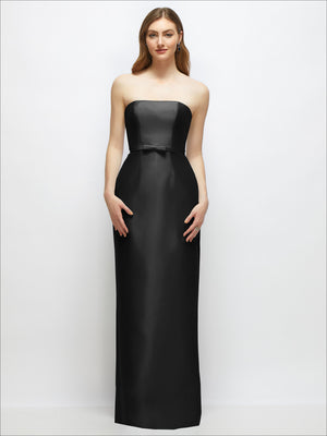 Black strapless satin column dress with skinny belt and bow trim, front view
