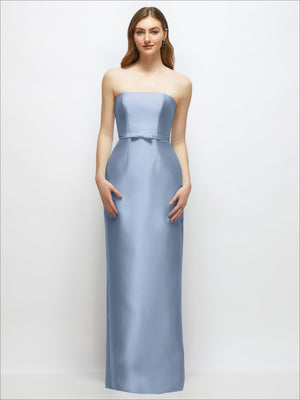 Powder blue strapless satin column dress with skinny belt and bow-trim, front view